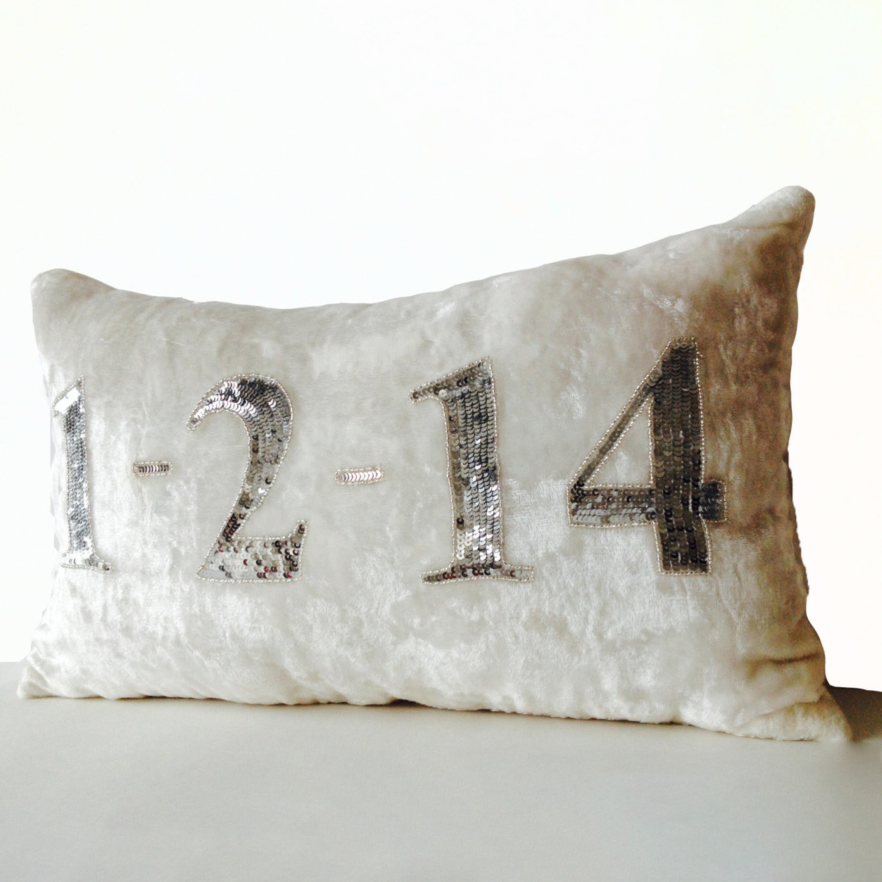 Personalized Date Pillow -Date Pillow Cover -Wedding Date Pillow -Throw Pillows -Ivory Velvet Silver Sequin Pillow -12x20 -Gift -Anniversary