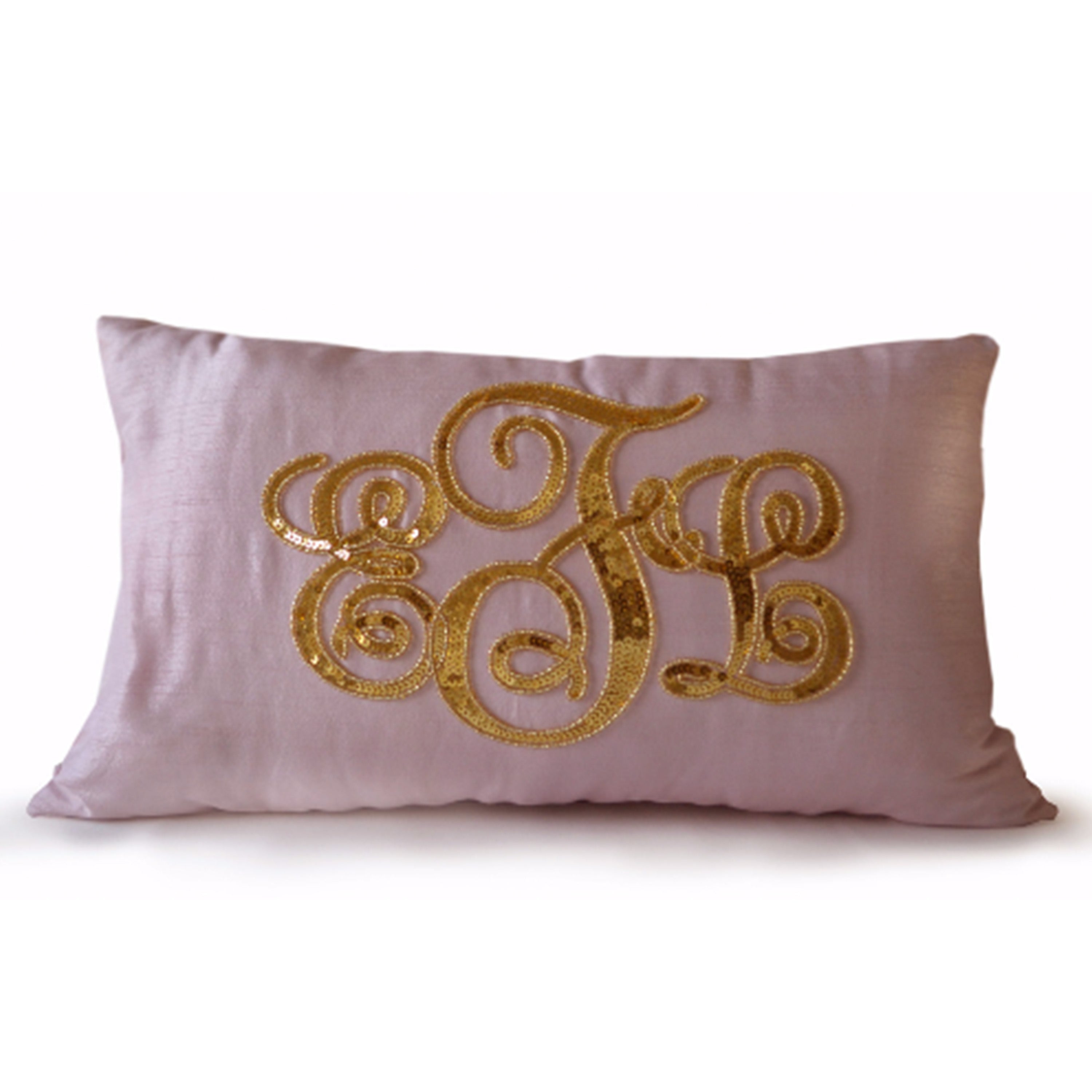 Personalized Monogrammed Decorative Throw Pillow Cover Silk With Gold Sequin Cushion 12x20 inches