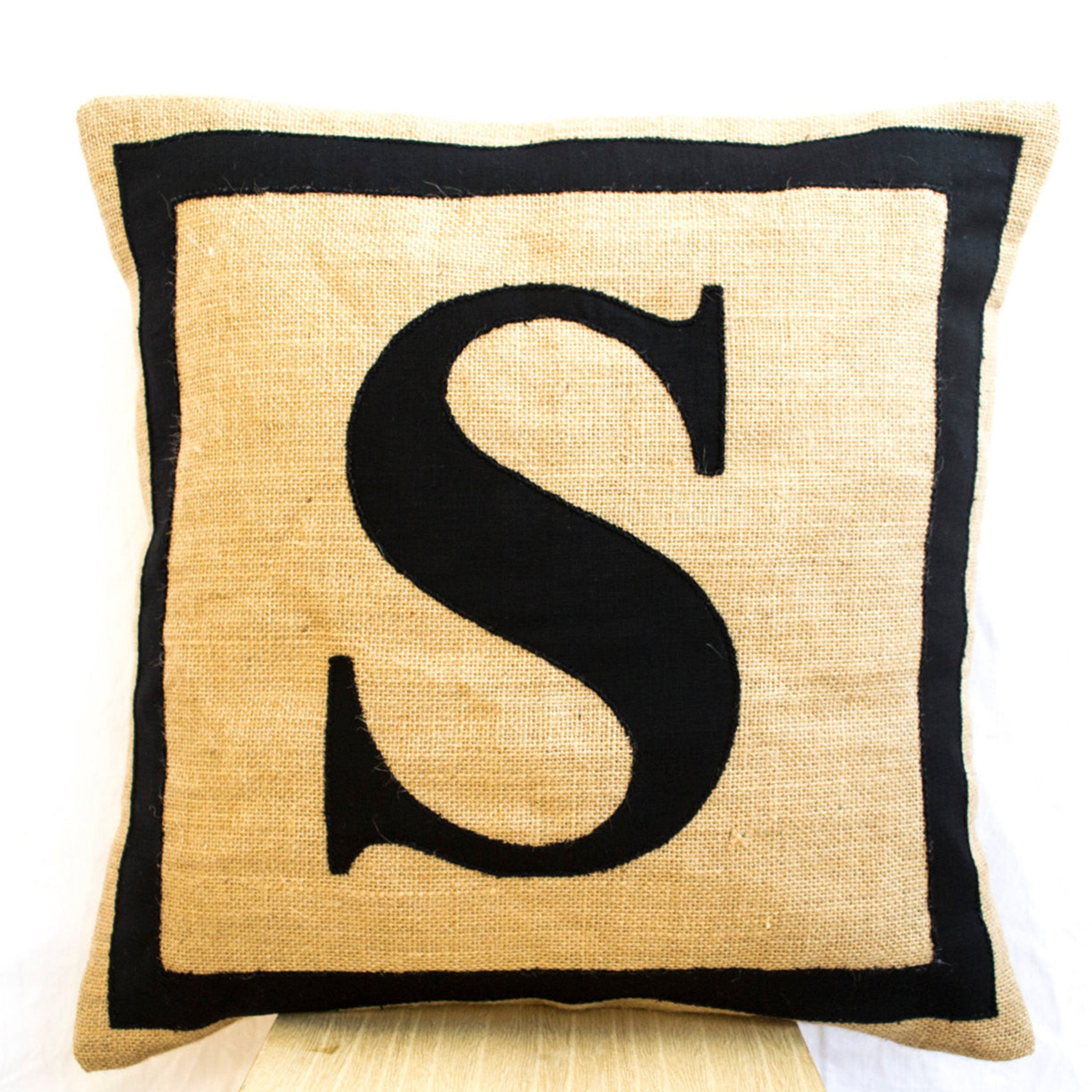 Personalized Monogram throw pillow- Burlap pillows- Black monogram cushion -applique -initial pillow -Decorative throw pillows- 16x16 pillow