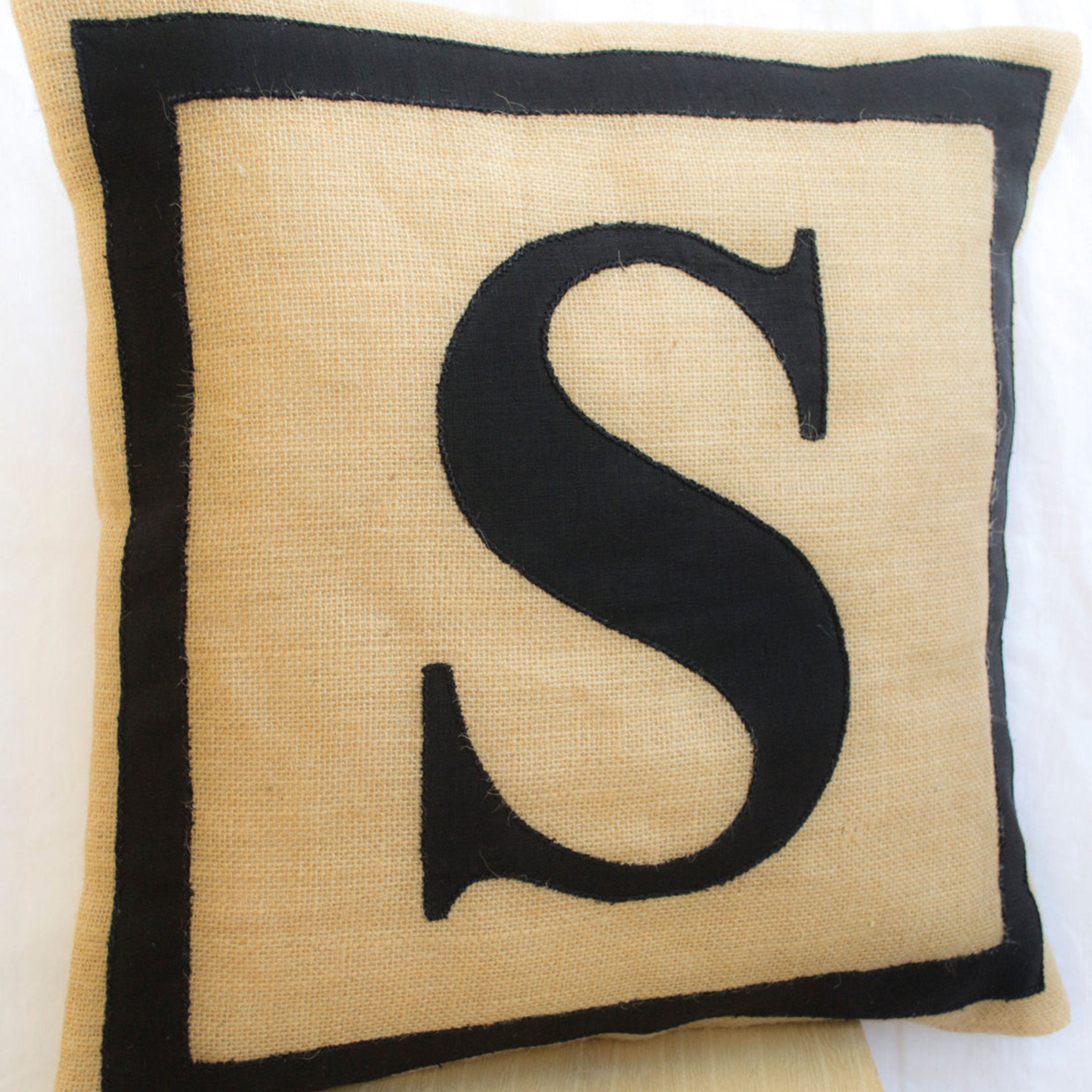 Personalized Monogram throw pillow- Burlap pillows- Black monogram cushion -applique -initial pillow -Decorative throw pillows- 16x16 pillow