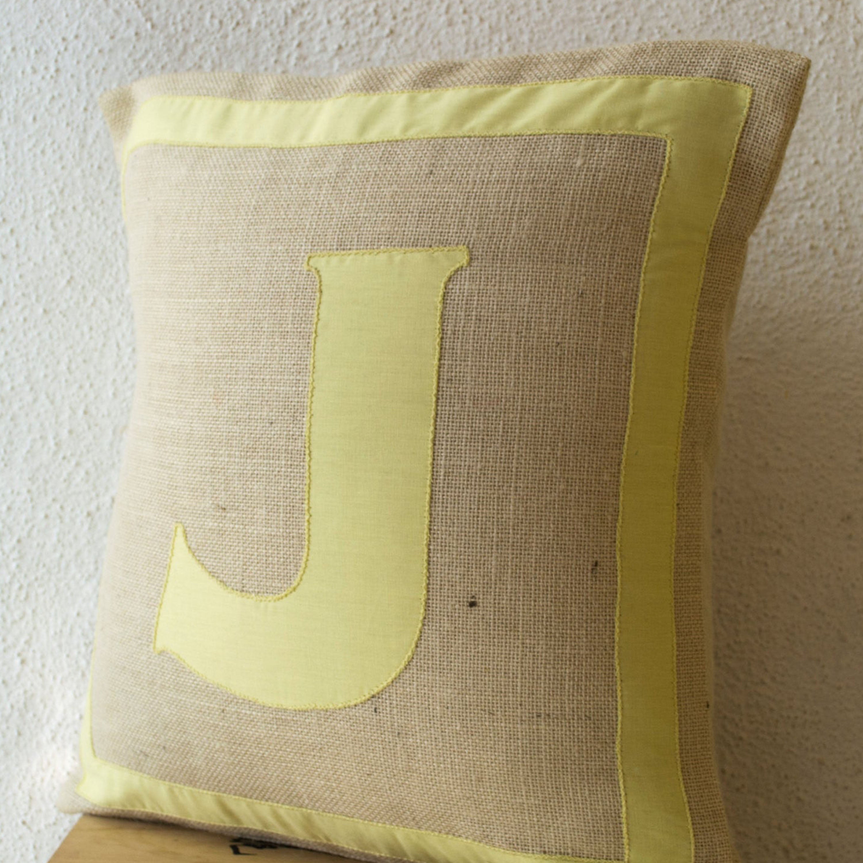 Personalized Monogram throw pillow- Burlap pillows- Yellow cotton monogram cushion - cotton applique - Decorative throw pillow- 16x16 pillow