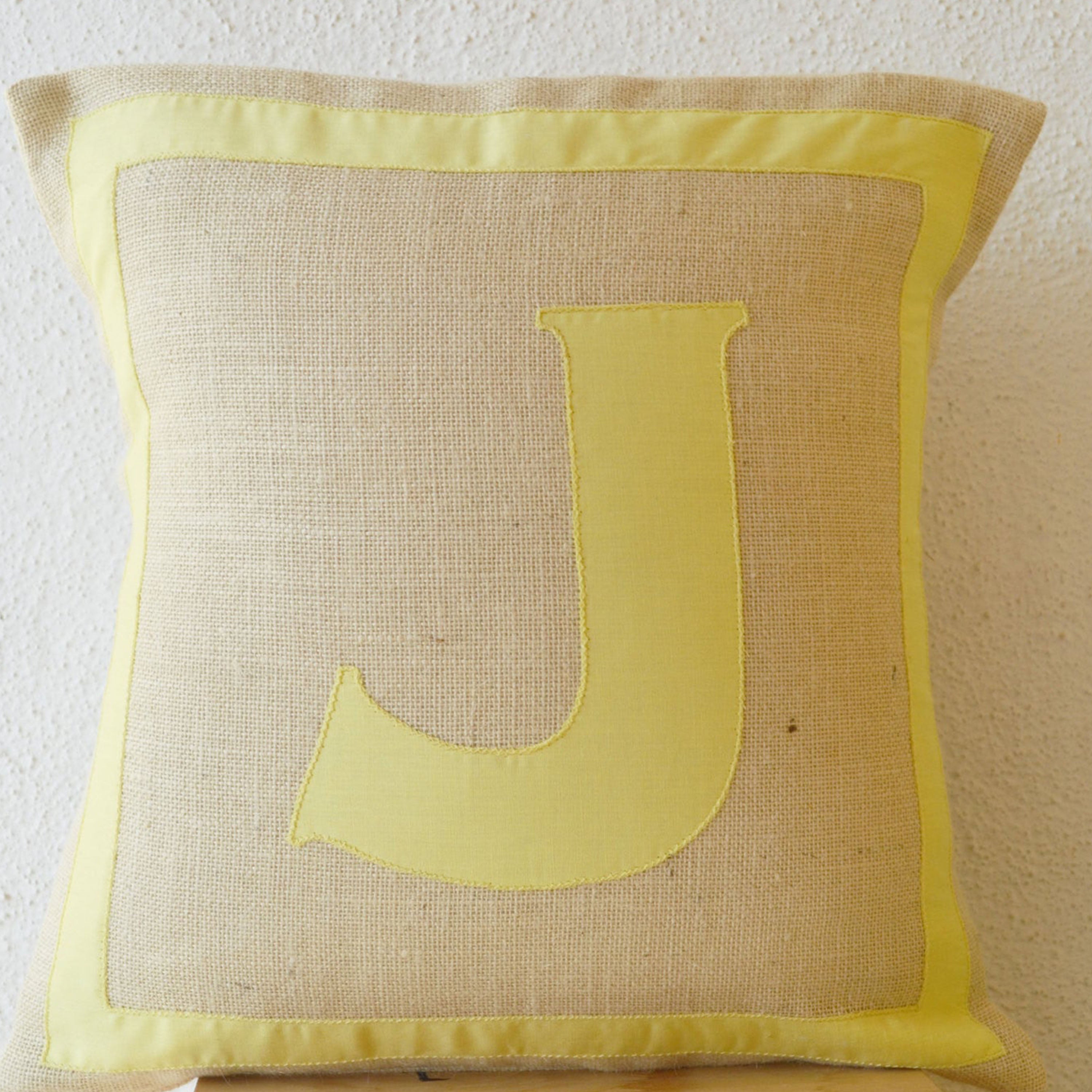 Personalized Monogram throw pillow- Burlap pillows- Yellow cotton monogram cushion - cotton applique - Decorative throw pillow- 16x16 pillow