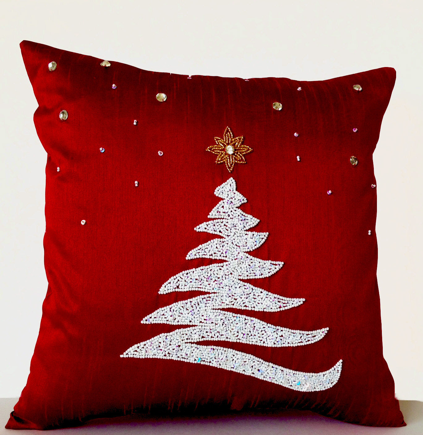 Red Christmas Pillow Covers with White Christmas Tree, Gold Star Embroidery