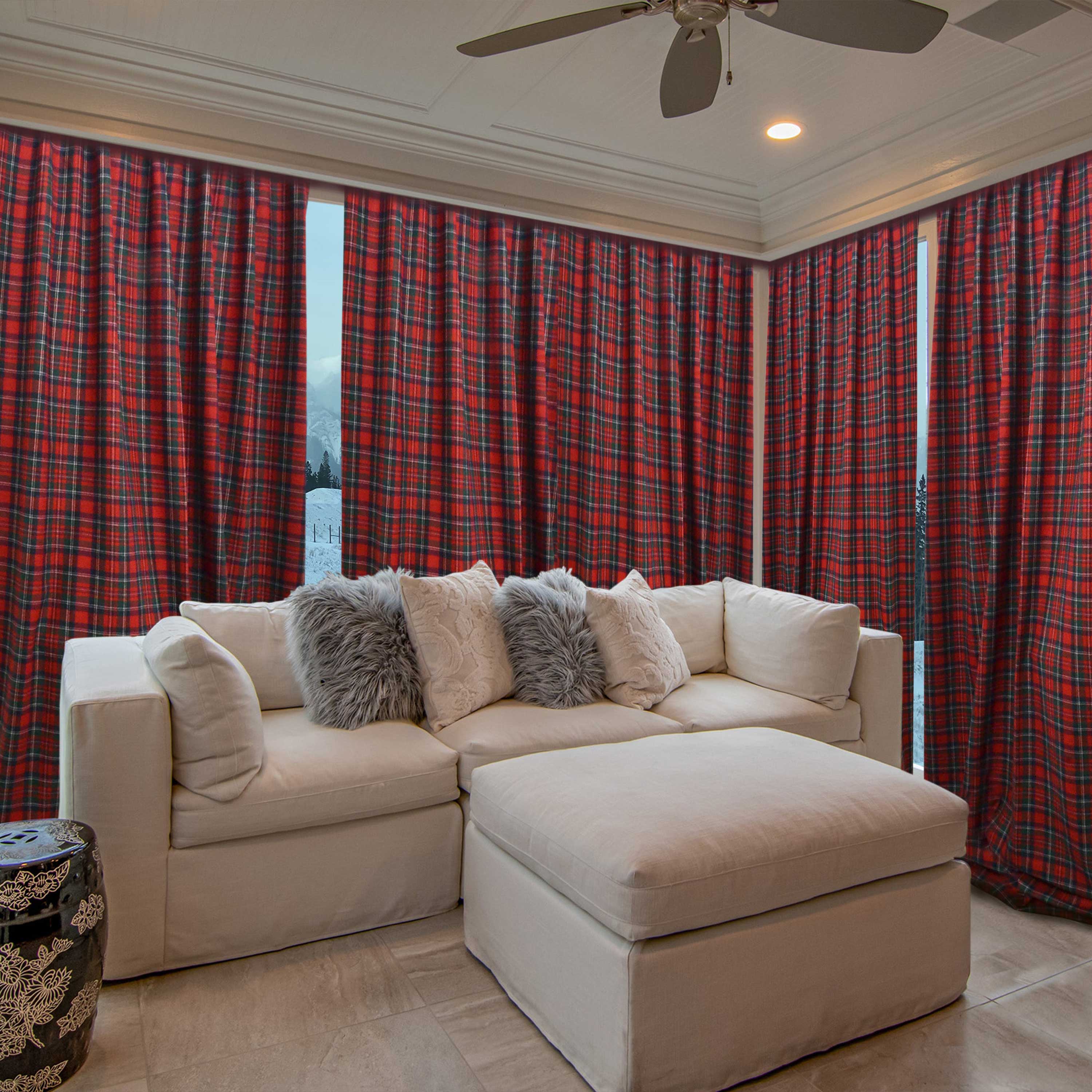 Wide curtains in a red and green plaid wool design, featuring a timeless check pattern. These versatile curtains are ideal for the living room, bedroom, or any area, adding warmth and charm to your home. Shop now for a functional yet stylish addition.