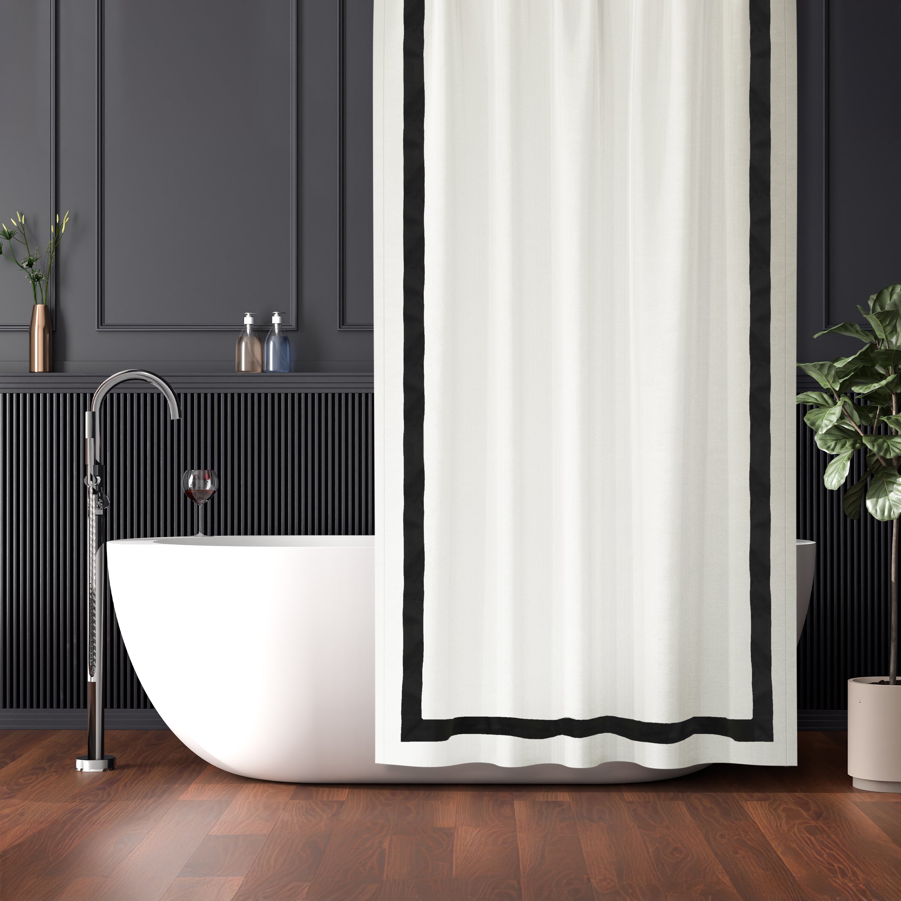 Oversized ivory shower curtain with elegant cotton trim in various colors. High-quality materials fit any bathtub or shower, adding style and function.