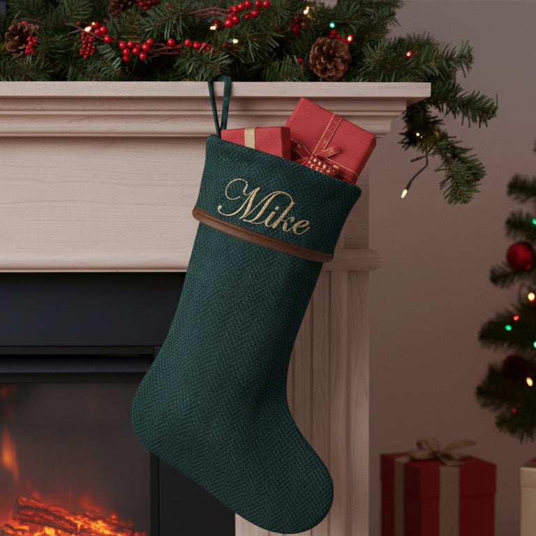 Personalized Chevron Wool Christmas Stocking with Leather Trim