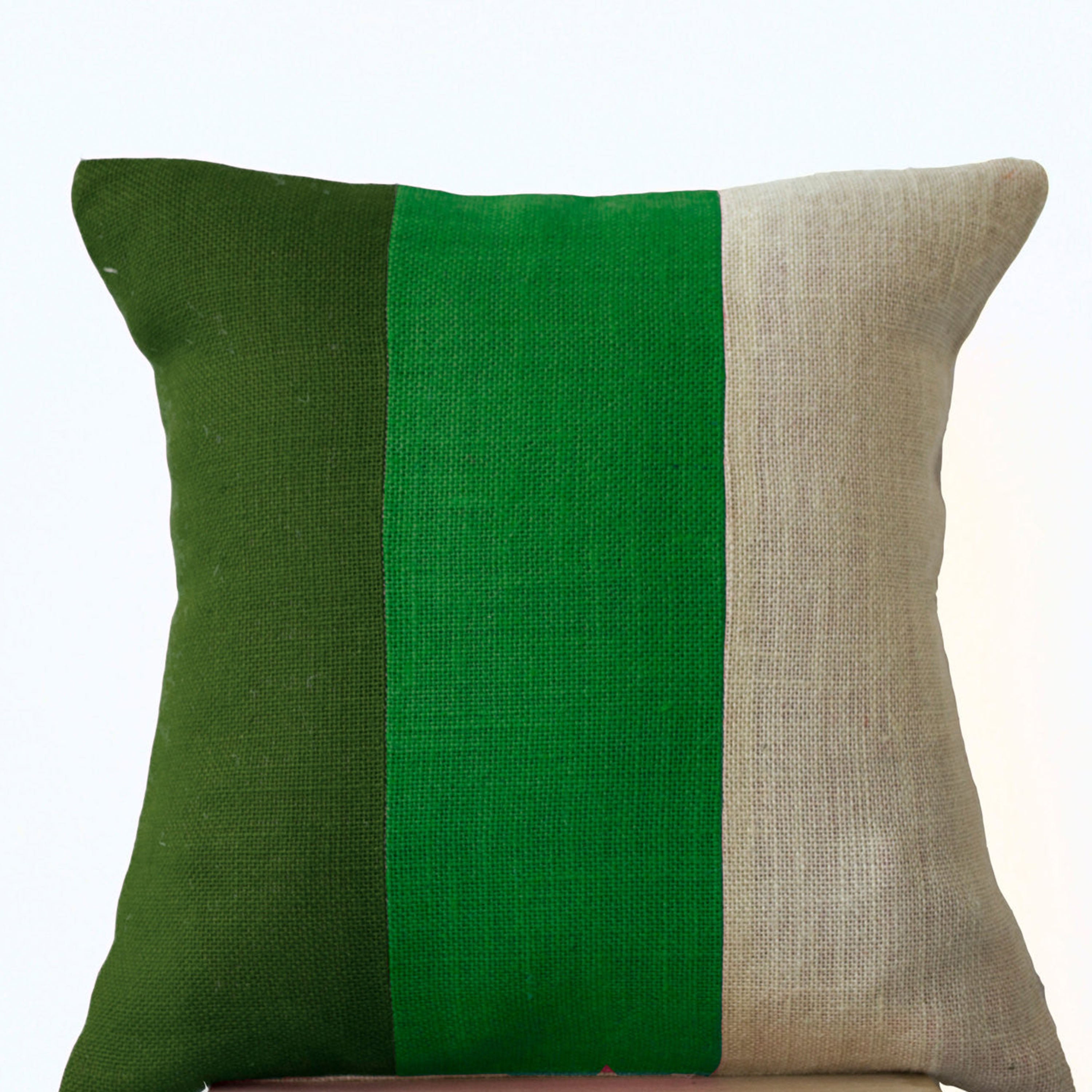 Chic Forest Moss Green Burlap Pillow With Geometric Minimalist Pattern For Modern Decor