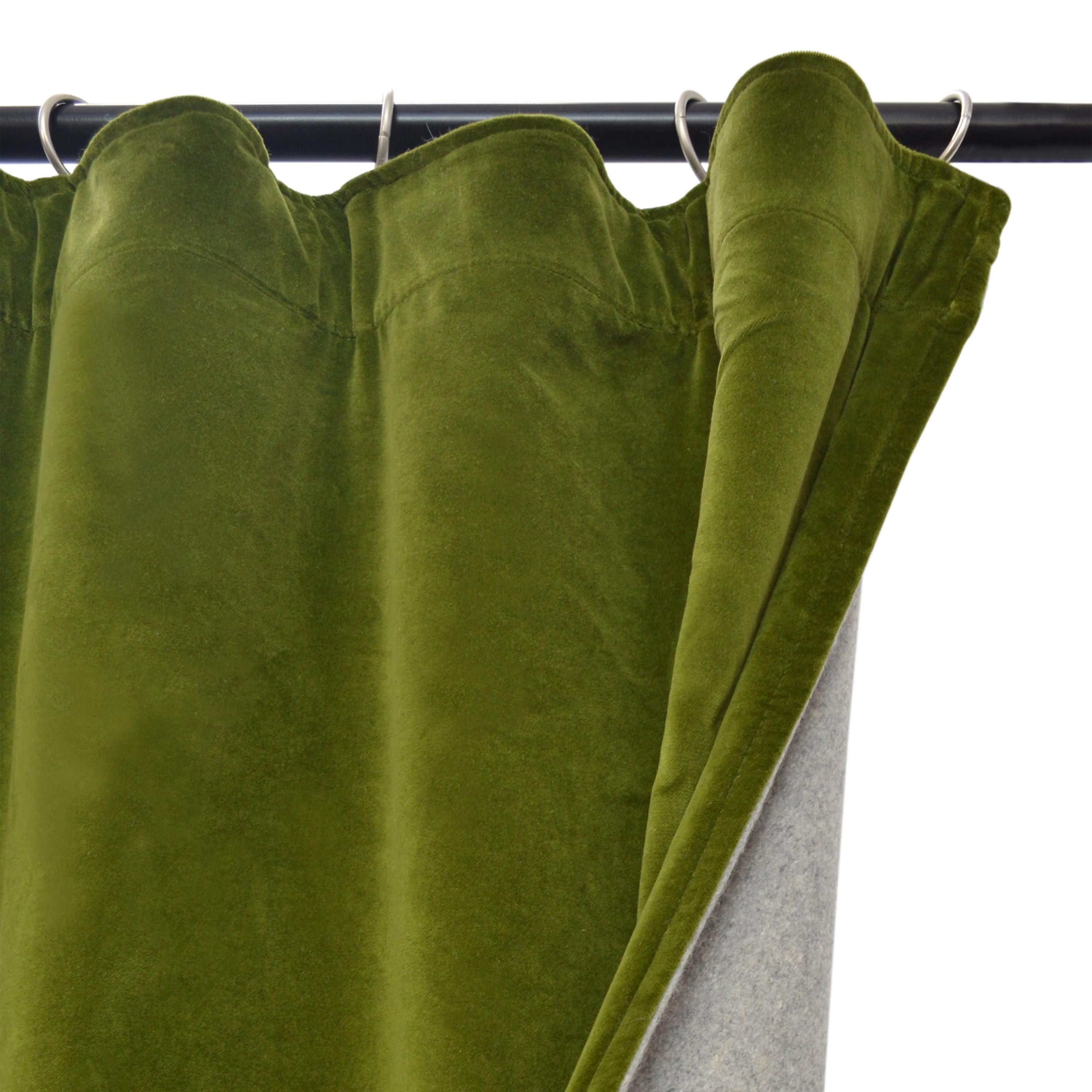 These curtains are made from 100% cotton velvet with a unidirectional pile and soft felt fabric. Available in several options: leather tab, wool tab, eyelet, and single pleat.