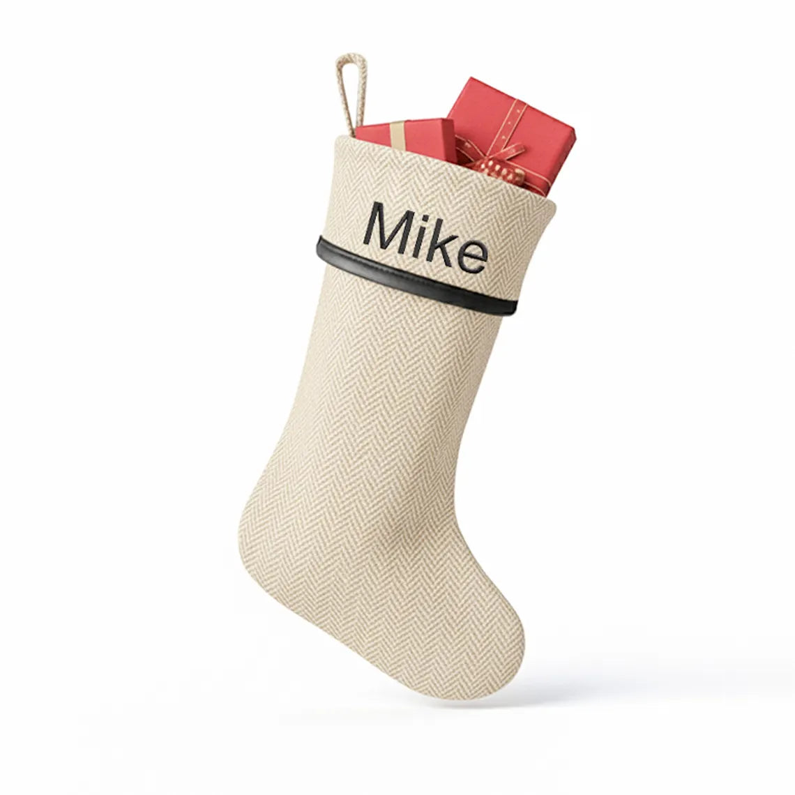 Personalized Chevron Wool Christmas Stocking with Leather Trim