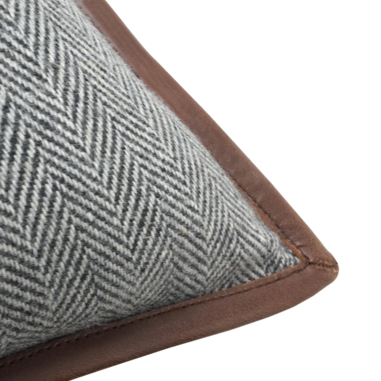 Gray Herringbone Wool Throw Pillow Cover with Leather Trim