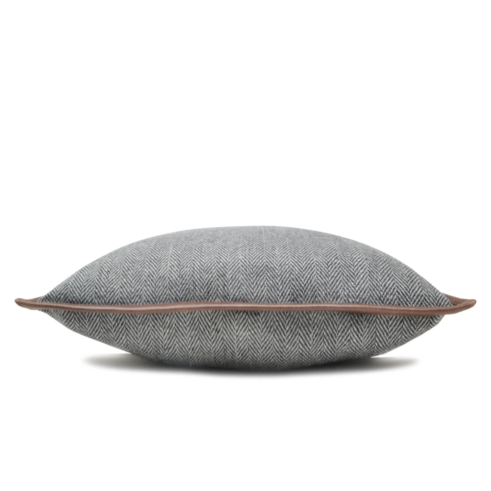 Gray Herringbone Wool Throw Pillow Cover with Leather Trim