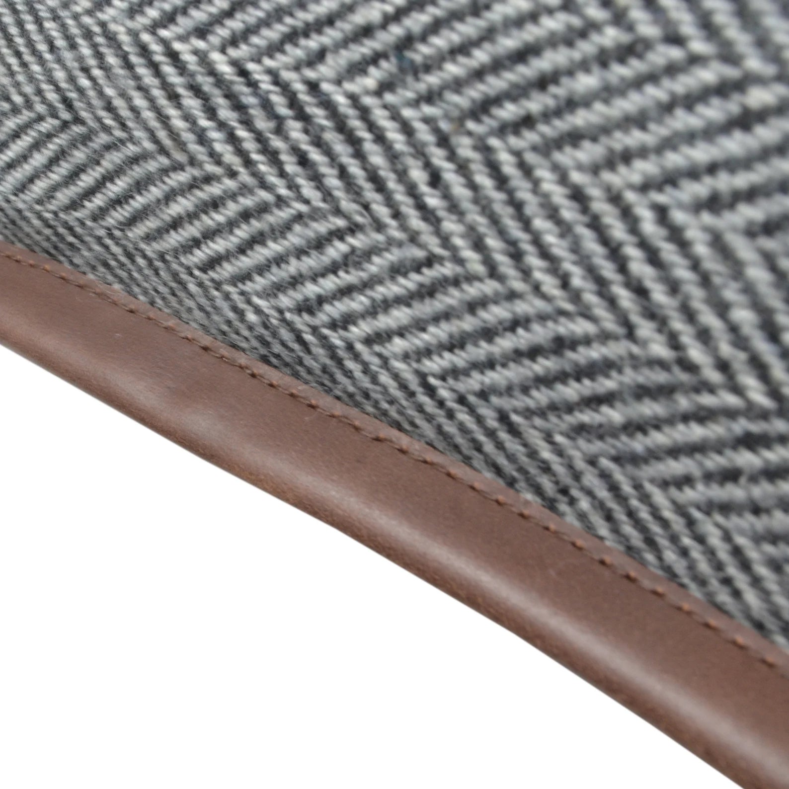 Gray Herringbone Wool Throw Pillow Cover with Leather Trim