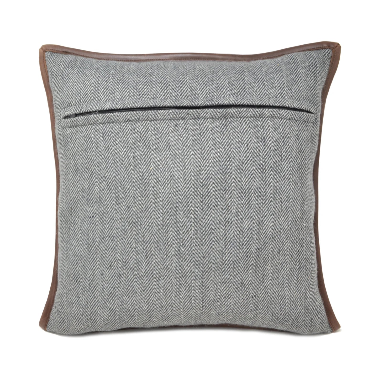 Gray Herringbone Wool Throw Pillow Cover with Leather Trim