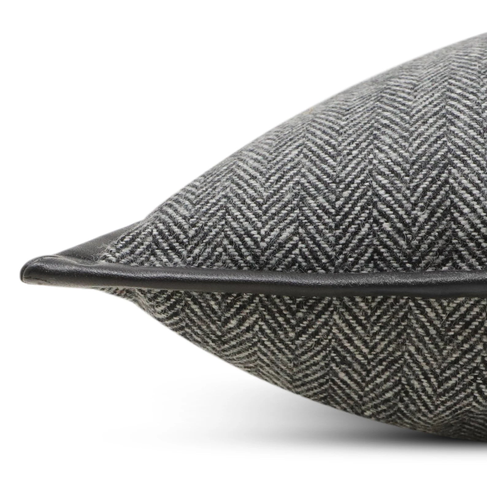 Gray Herringbone Wool Throw Pillow Cover with Leather Trim