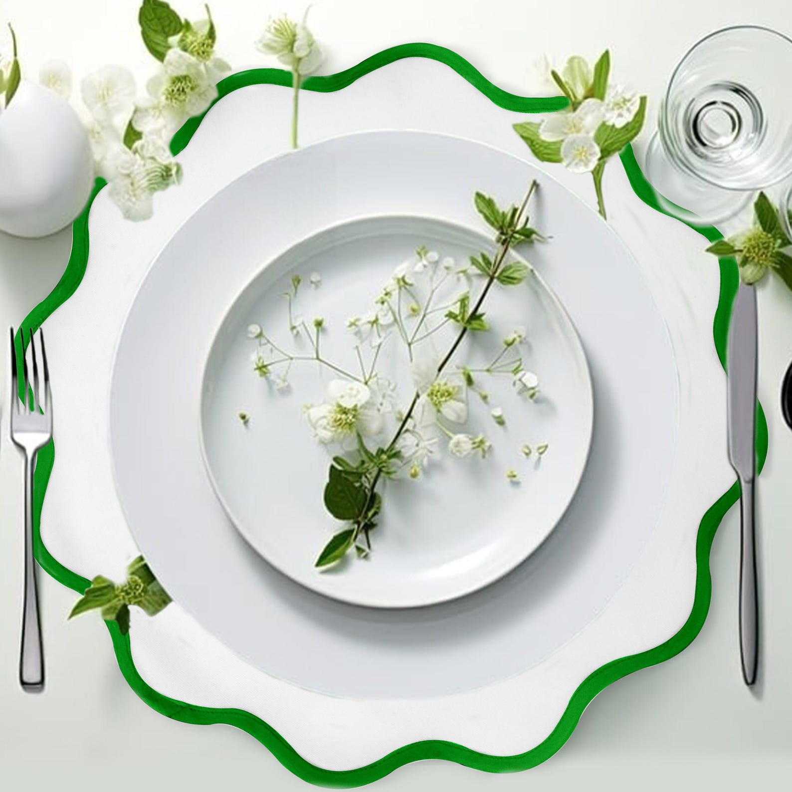 Custom made round scallop placemat with contrast trim, perfect for holiday table décor.

