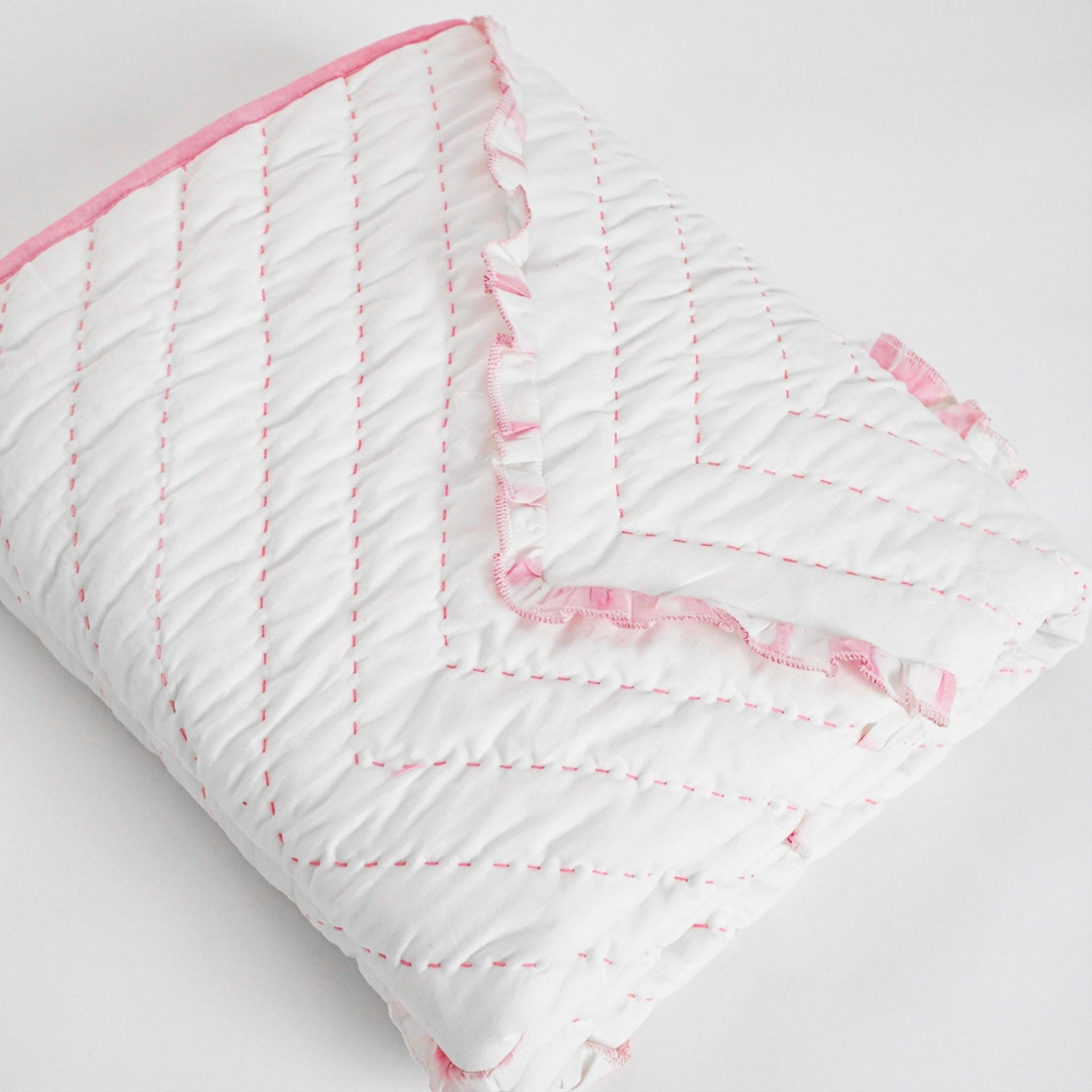 Pink White Chevron Ruffle Quilt