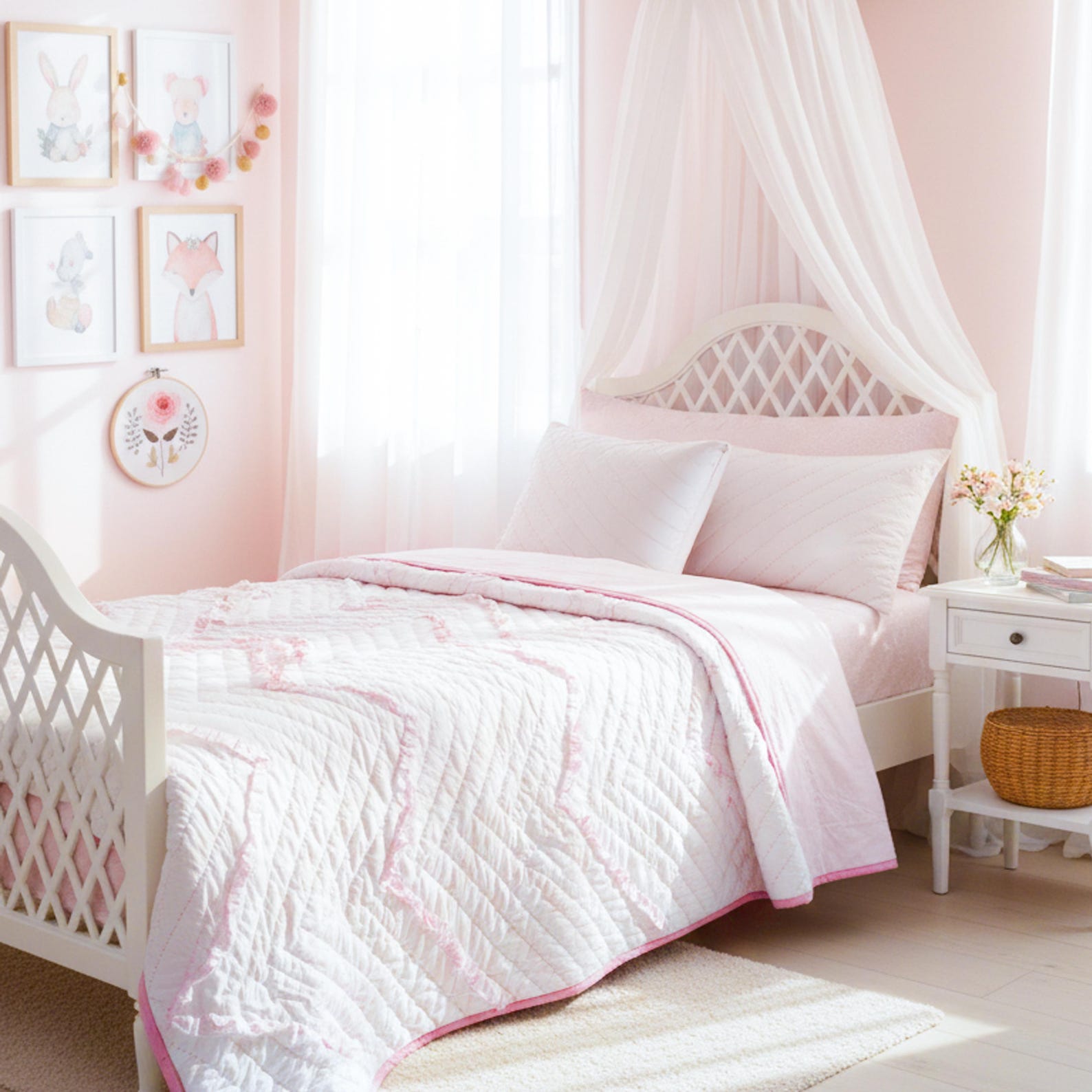 Pink White Chevron Ruffle Quilt