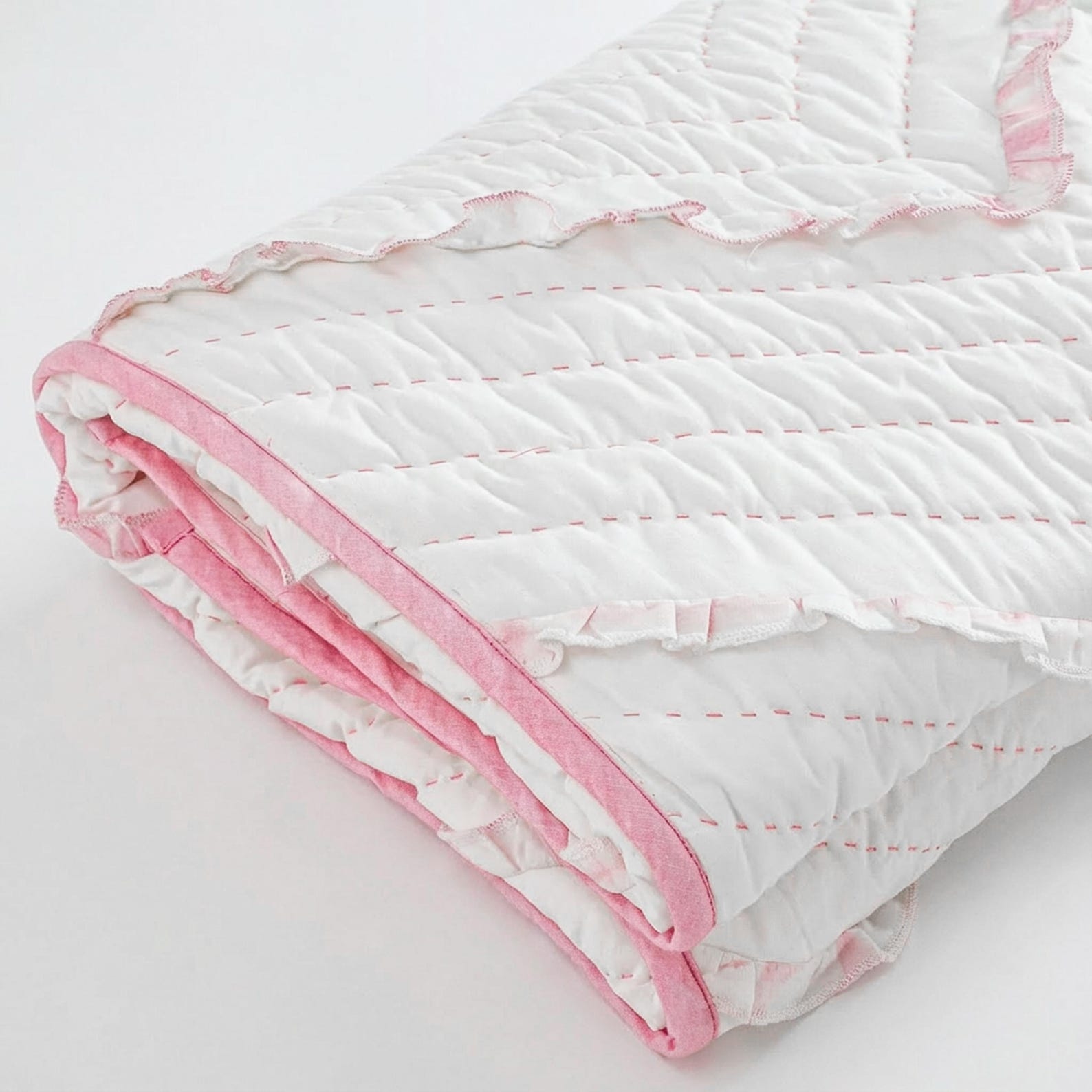 Pink White Chevron Ruffle Quilt