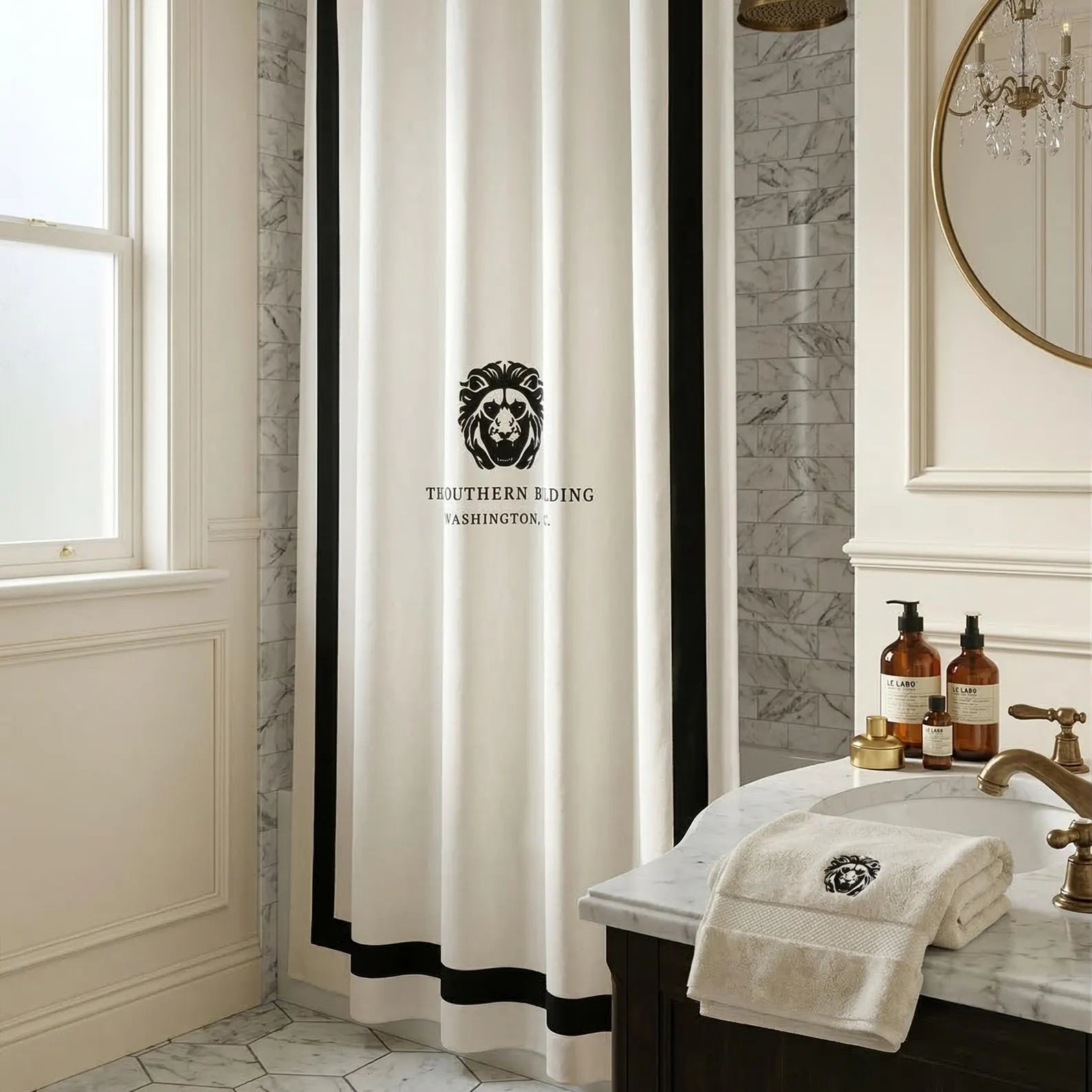 A luxury hotel-style bathroom featuring an ivory shower curtain with a bold black architectural contrast trim and a custom lion monogram. The curtain is styled alongside a marble vanity, gold fixtures, and a matching personalized towel. This extra-wide, single-piece fabric curtain creates a sophisticated, minimalist aesthetic ideal for Airbnbs, luxury suites, and modern homes. A timeless design that offers visual balance and elegance for professional interior designers.