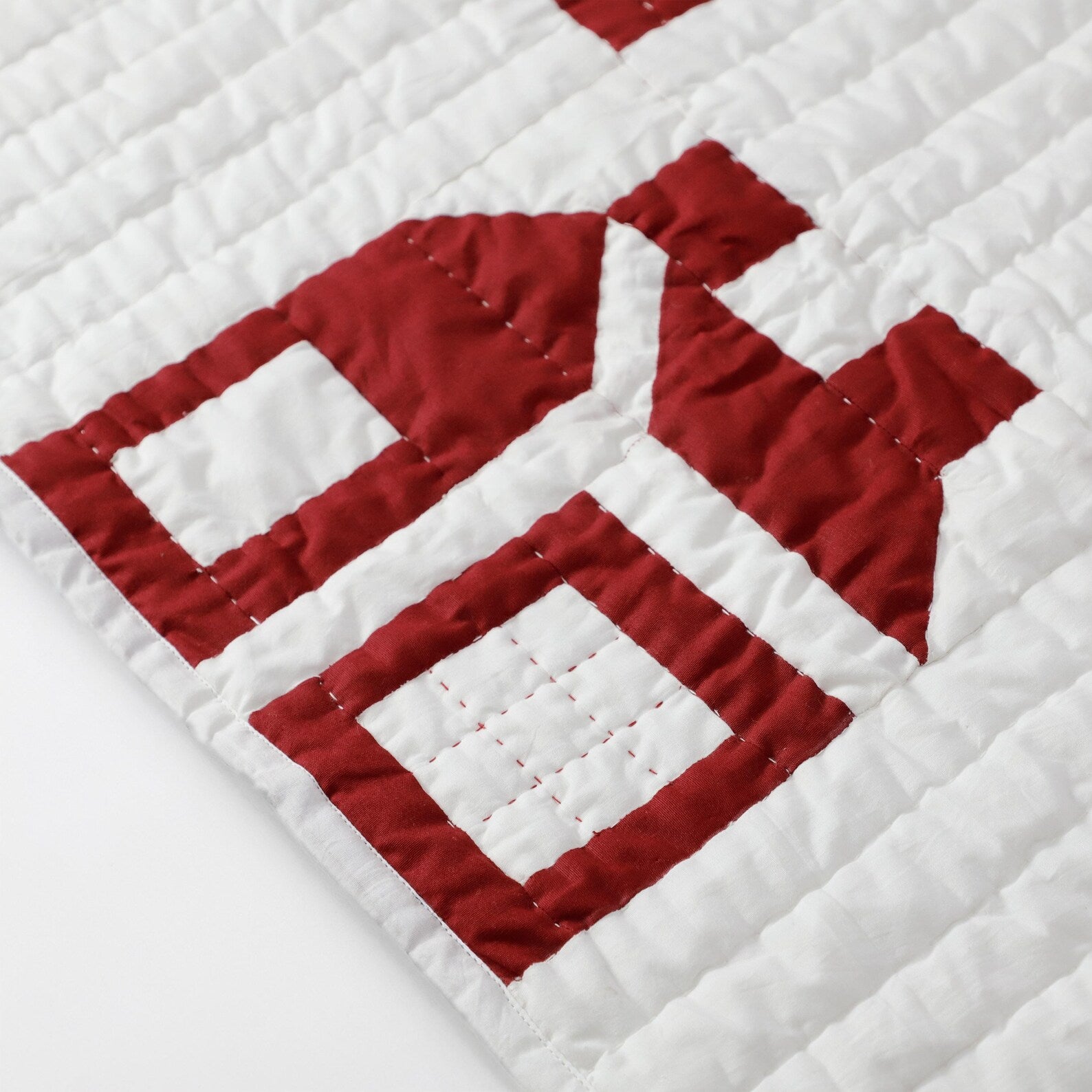 Handmade Red House Patchwork Quilt - Heirloom Cotton Bedspread, Kids Room Bedding