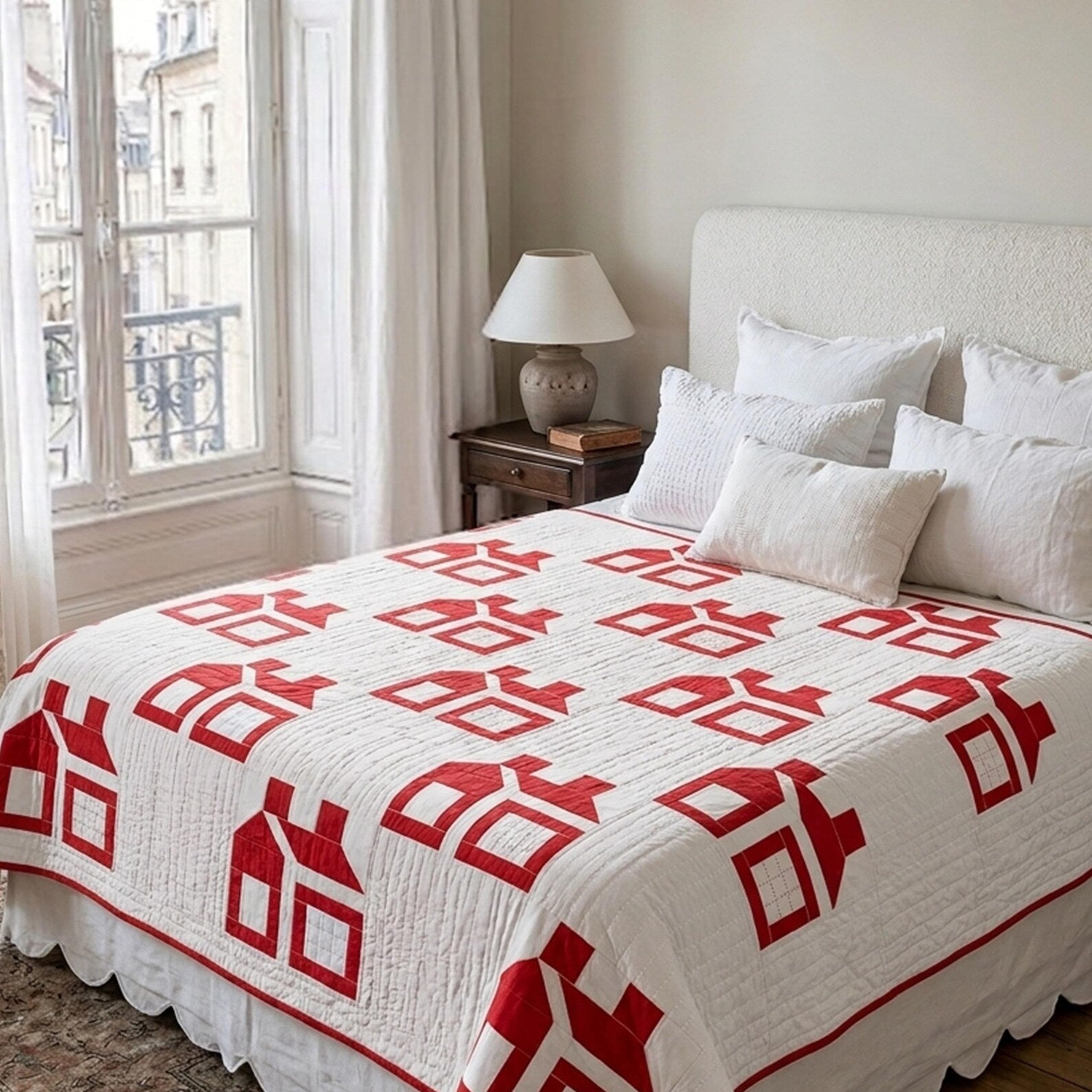 Handmade red and white patchwork quilt by Amore Beauté, featuring classic schoolhouse blocks for a timeless farmhouse look. This designer geometric bedding is perfect for traditional interiors, kids' rooms, or minimal bedroom aesthetics. Expertly handcrafted for a cozy, lived-in feel, this soft cotton quilt is a favorite in the US market for spring-summer decor and everyday comfort. Available in custom sizes, it offers a high-end, non-printed heirloom quality that softens with every wash.