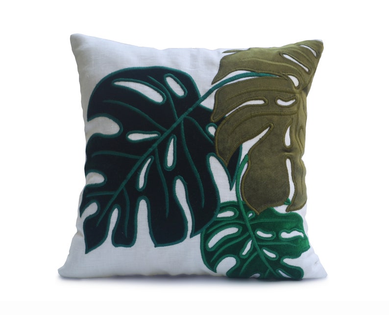 Tropical leaves Pillow Cover, Monstera Leaves Pillow Cover, Linen Pillowcase, Velvet Pillow