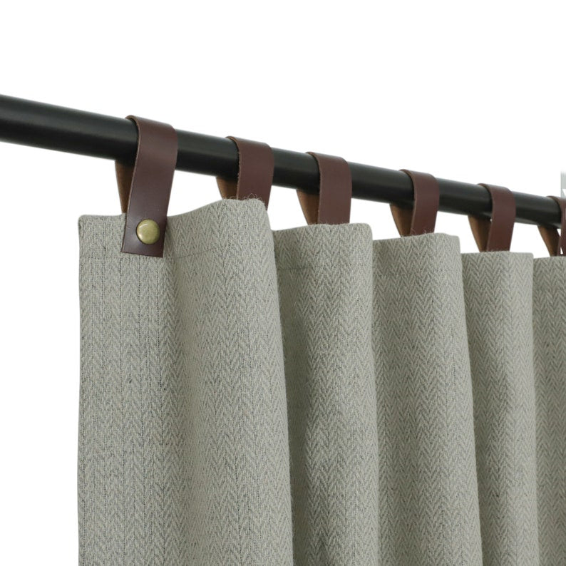 Custom Herringbone Wool Curtains with Genuine Leather Tabs and Brass Buttons