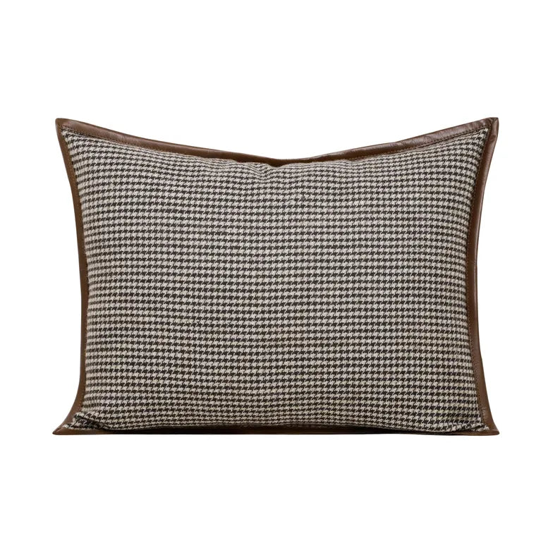 Brown Beige Houndstooth Pillow Cover with Leather Trim