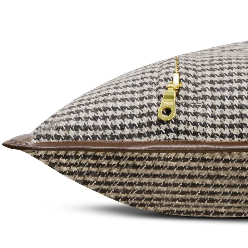 Brown Beige Houndstooth Pillow Cover with Leather Trim