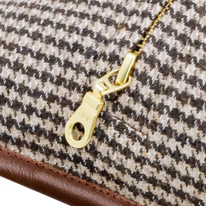 Brown Beige Houndstooth Pillow Cover with Leather Trim