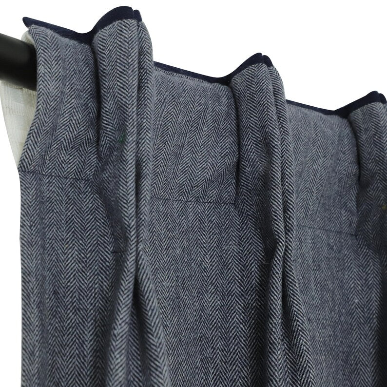 Pleated Chevron Wool Curtains with Cotton Trim | Custom Herringbone Drapes