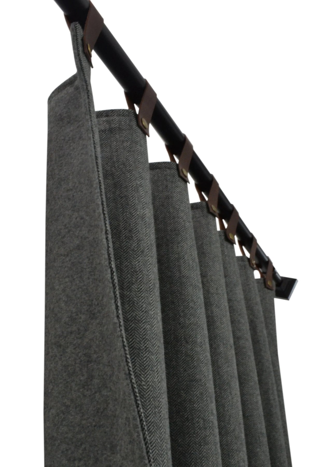 Double Layer Gray Chevron Curtain with Genuine Leather Tabs and Snap Buttons