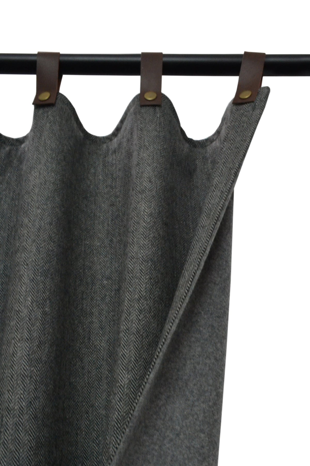 Double Layer Gray Chevron Curtain with Genuine Leather Tabs and Snap Buttons