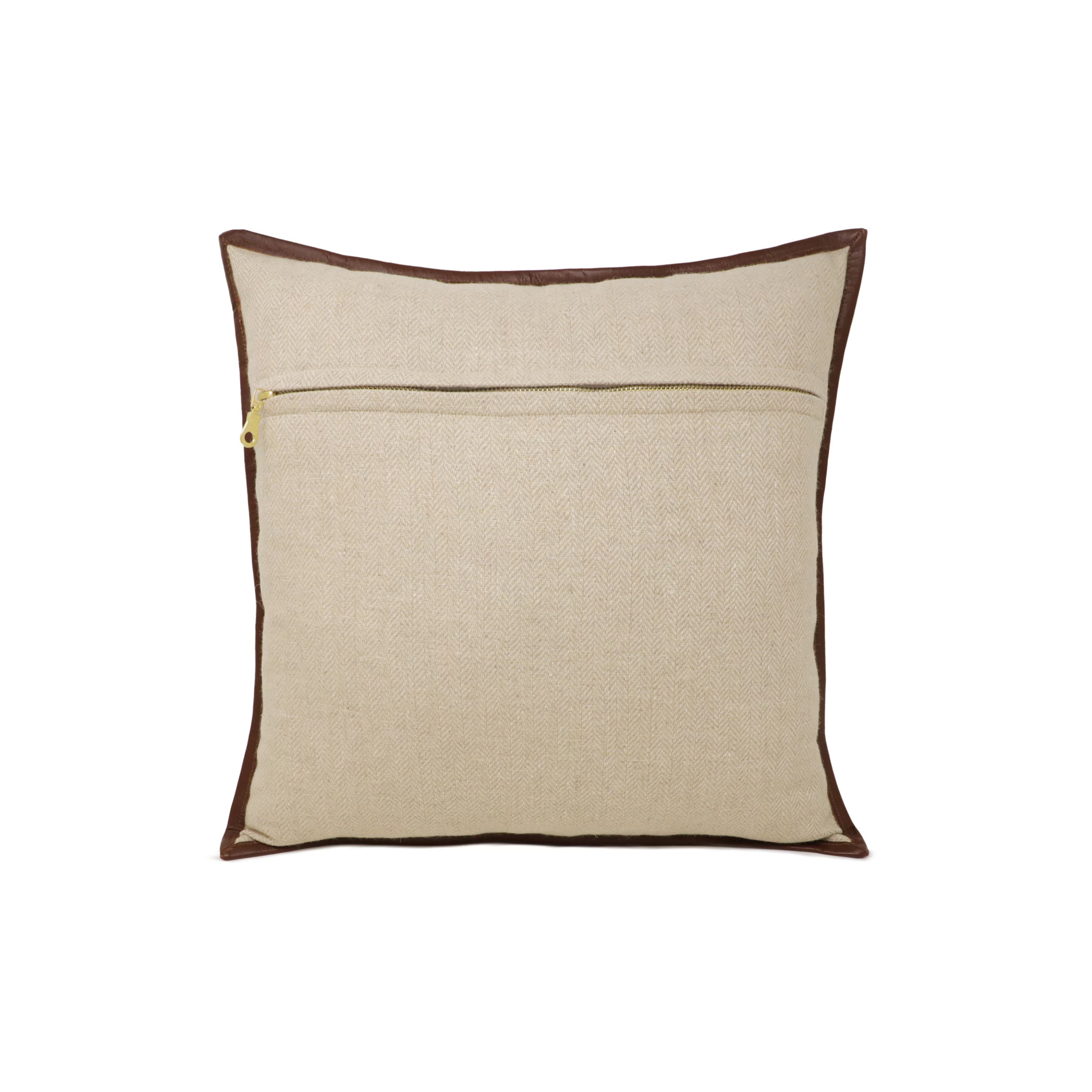 Beige Herringbone Wool Throw Pillow Cover with Brown Leather Trim