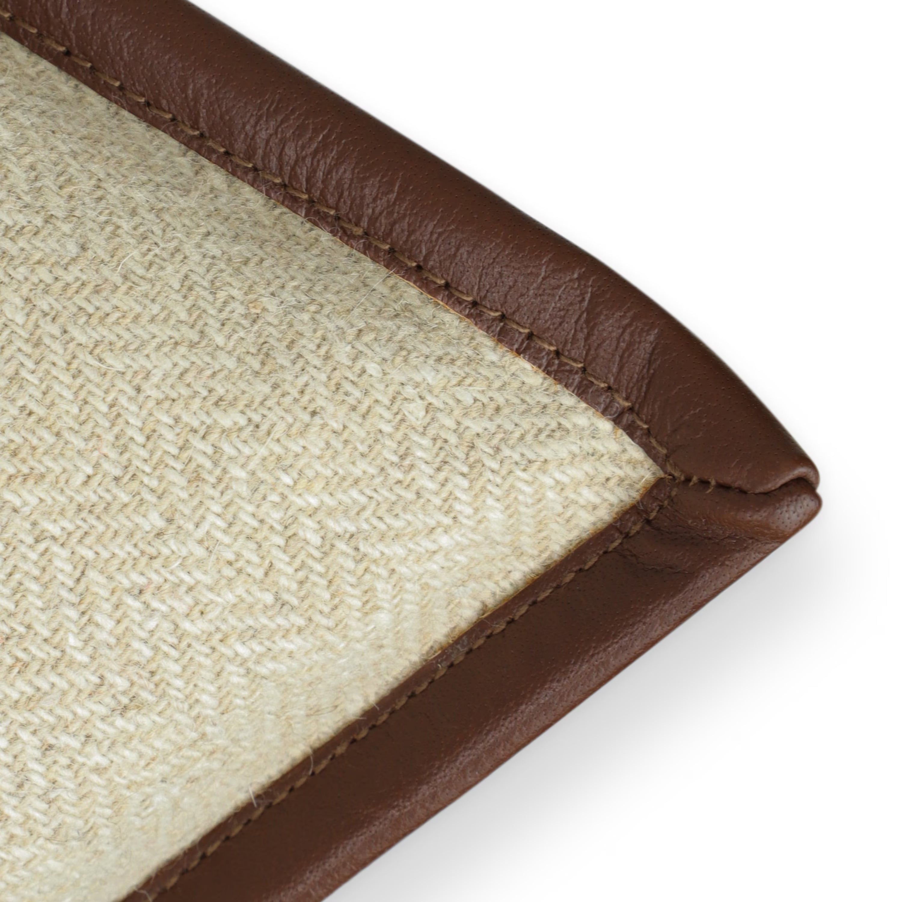 Beige Herringbone Wool Throw Pillow Cover with Brown Leather Trim