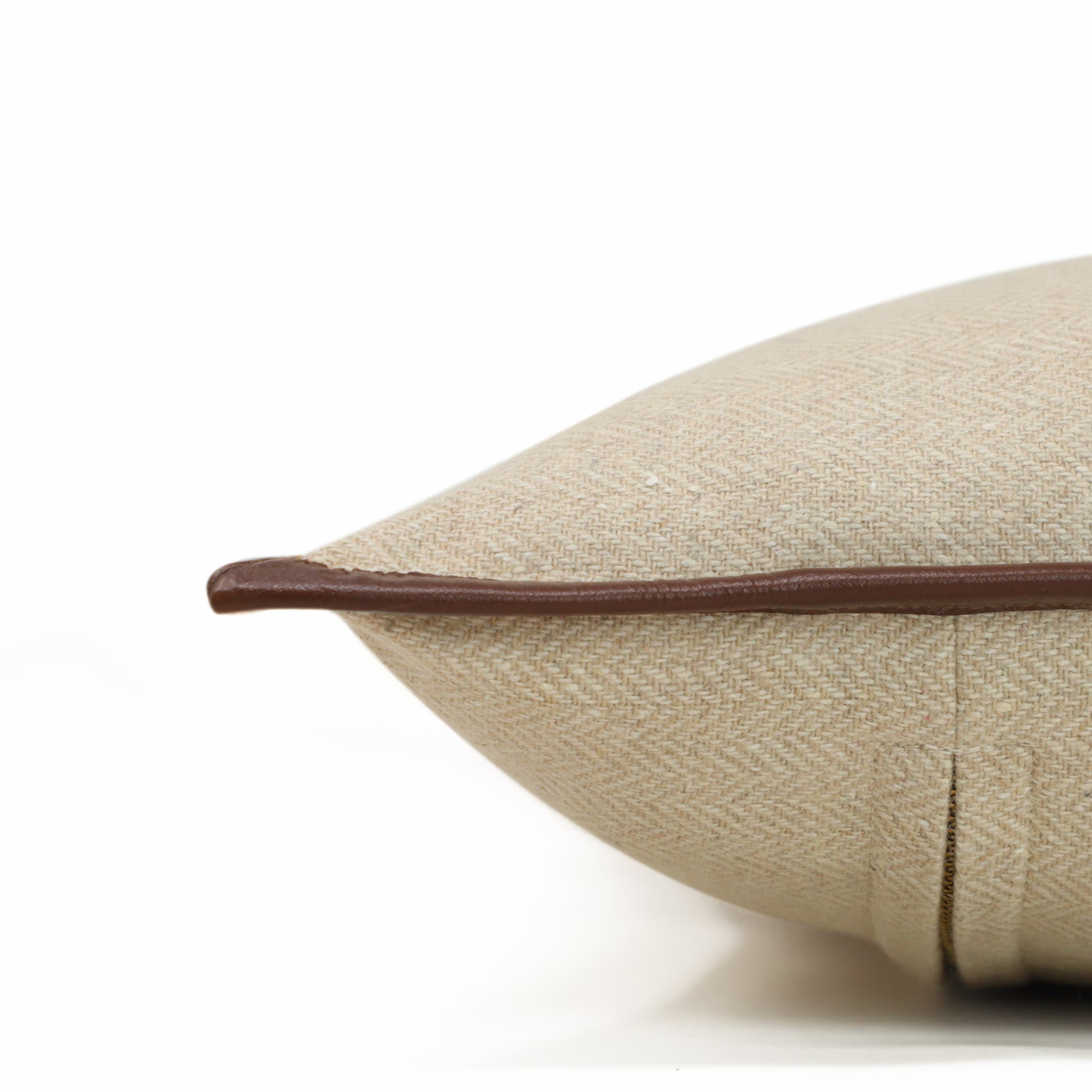 Beige Herringbone Wool Throw Pillow Cover with Brown Leather Trim