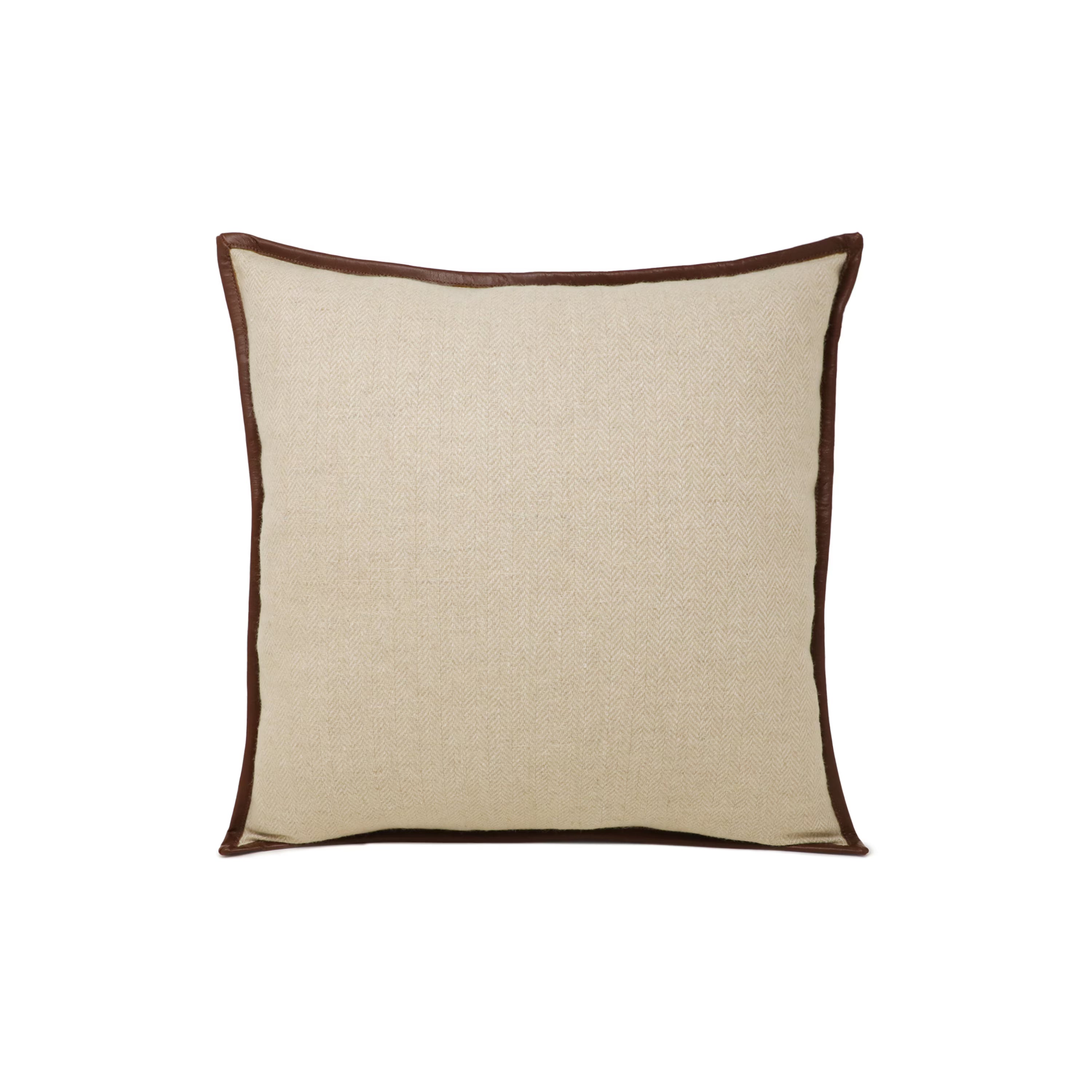 Beige Herringbone Wool Throw Pillow Cover with Brown Leather Trim