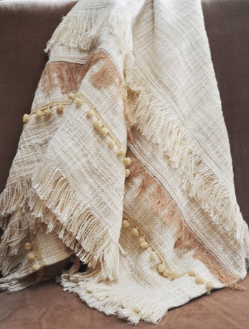Ivory Beige Cotton throw blanket with pompom