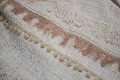 Ivory Beige Cotton throw blanket with pompom