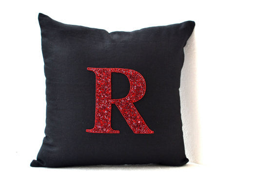 Handmade throw pillow with monogram and sequin