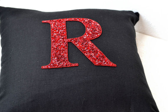 Handmade throw pillow with monogram and sequin