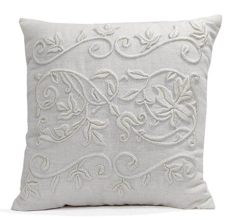 Amore Beaute White Linen Hand Embroidery Floral Pillow Cover