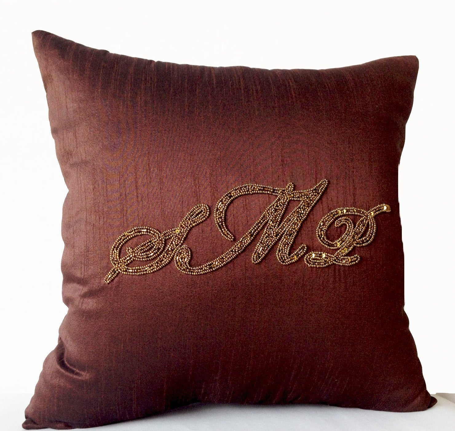 Handmade, customized monogrammed brown throw pillow covers with embroidery