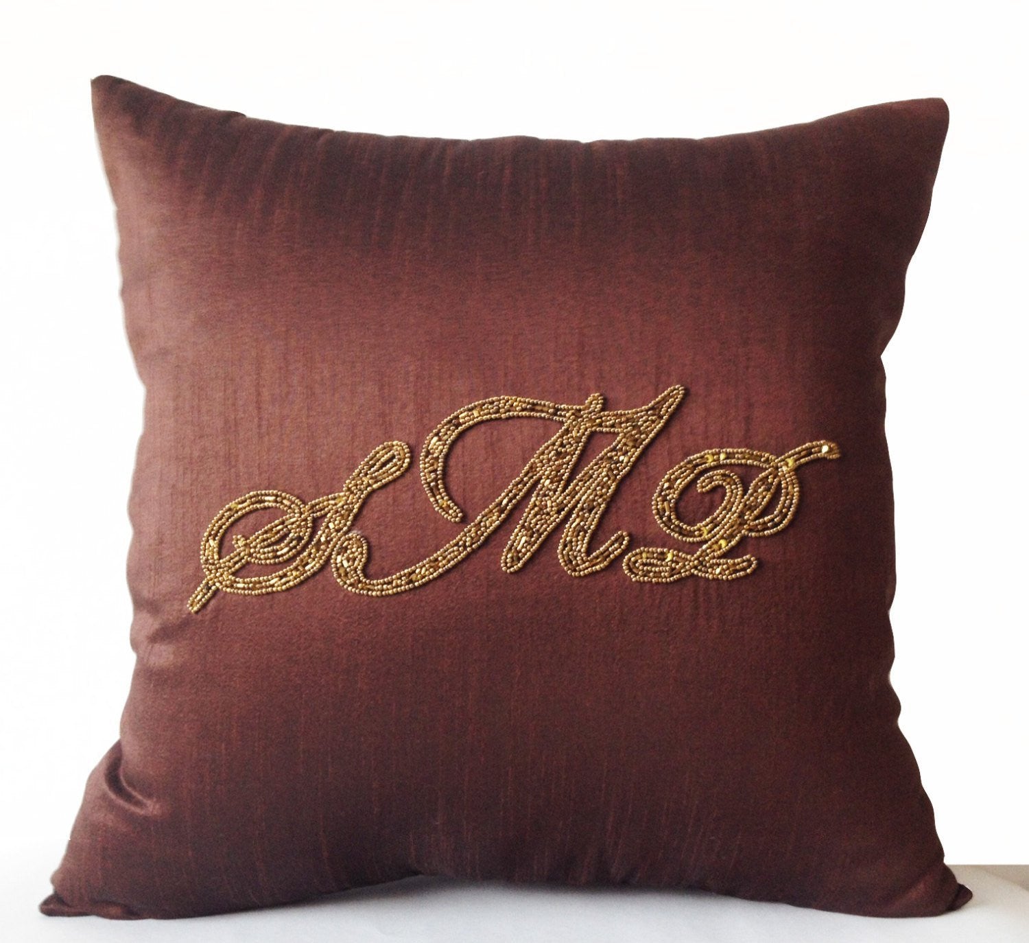 Handmade, customized monogrammed brown throw pillow covers with embroidery