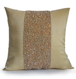 Handmade beige silk throw pillow with beads and sparkles