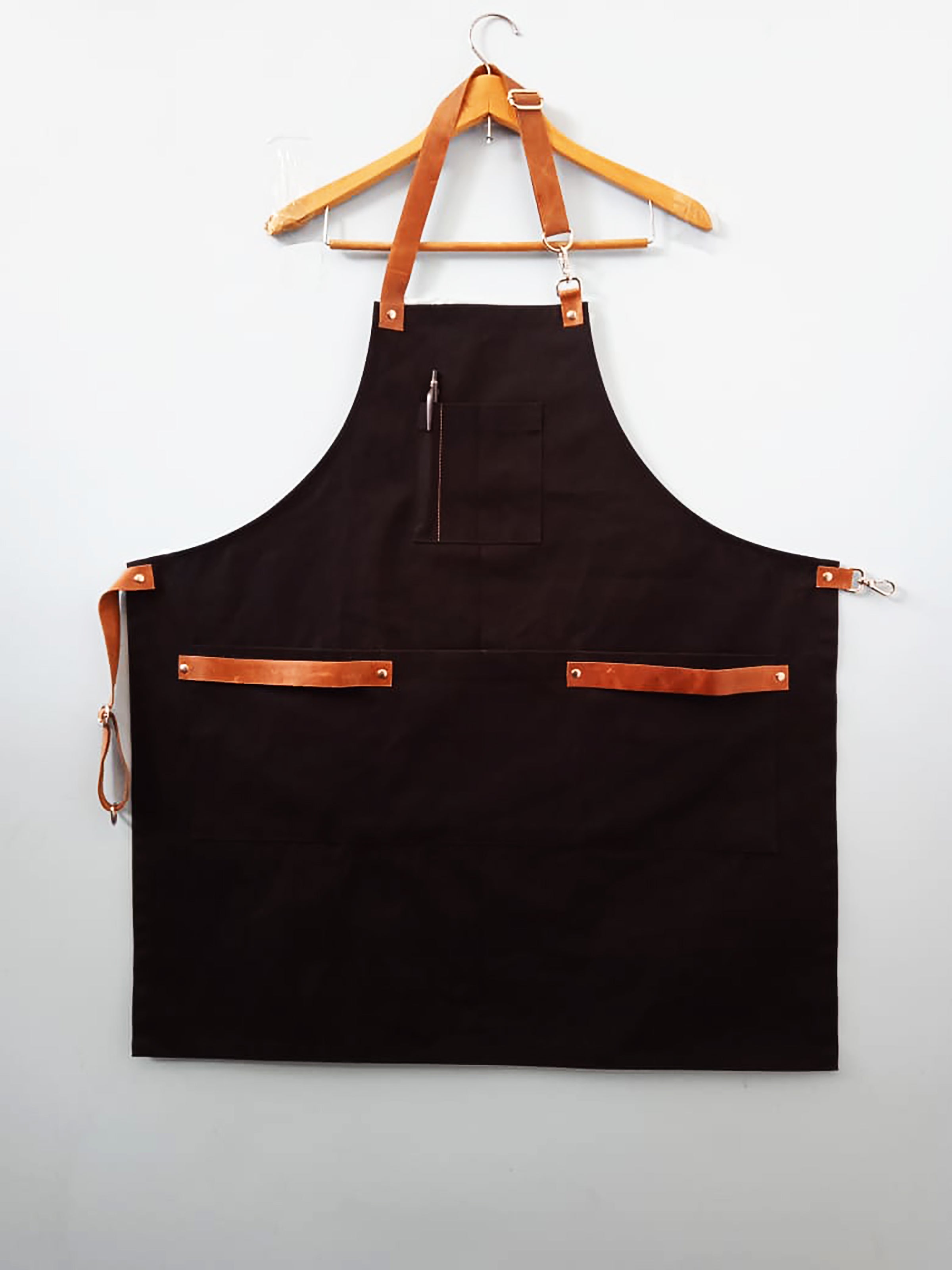 Amore Beaute Black Canvas Apron With Adjustable Real Leather Straps