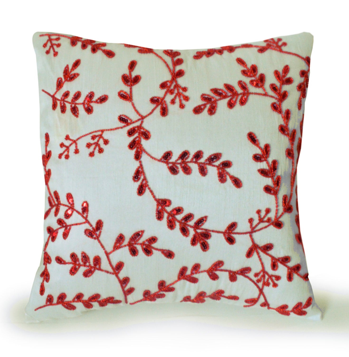 Ivory silk throw pillow with red sequins beads floral design