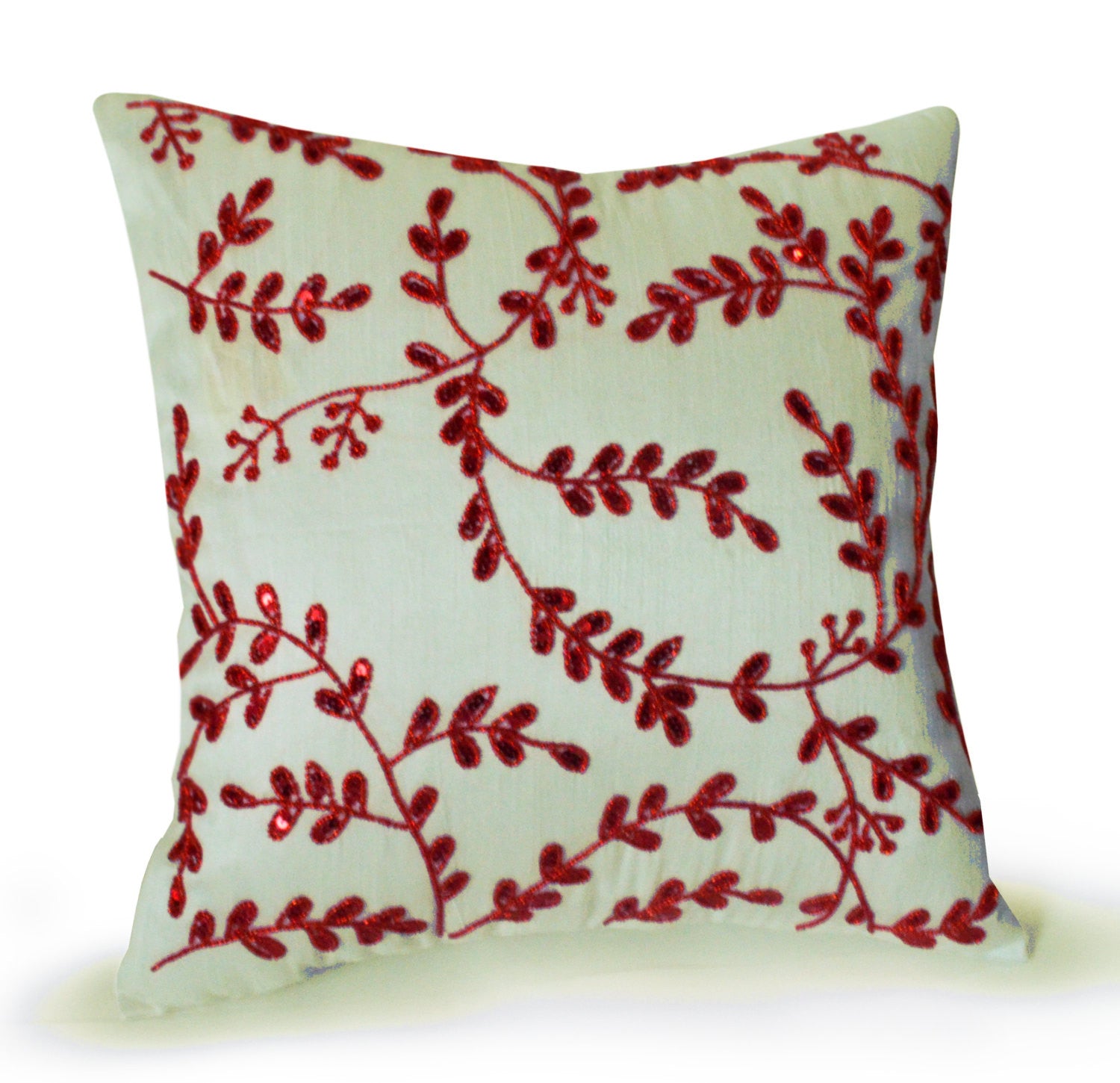 Ivory silk throw pillow with red sequins beads floral design