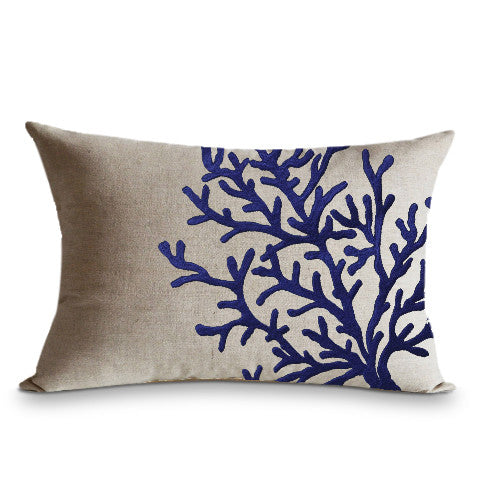 Linen throw pillow case with coral embroidery