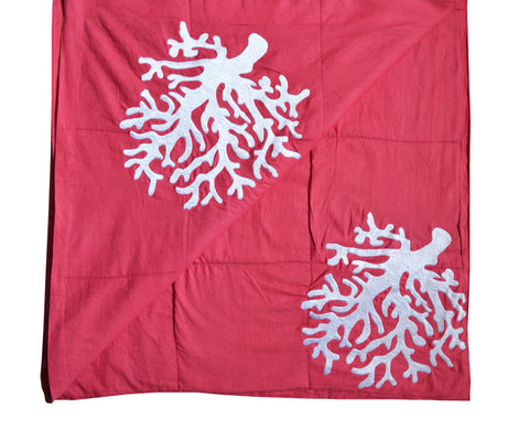 Handcrafted designer throw blanket with coral embroidery
